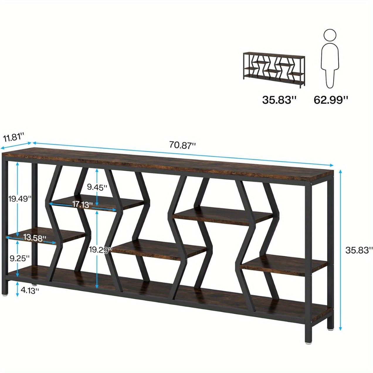 4 Tier Industrial Extra Long Narrow Entryway Accent Tables for Hallway, Living Room, Foyer, 180 cm Sofa Console Table with Wood Storage Shelves