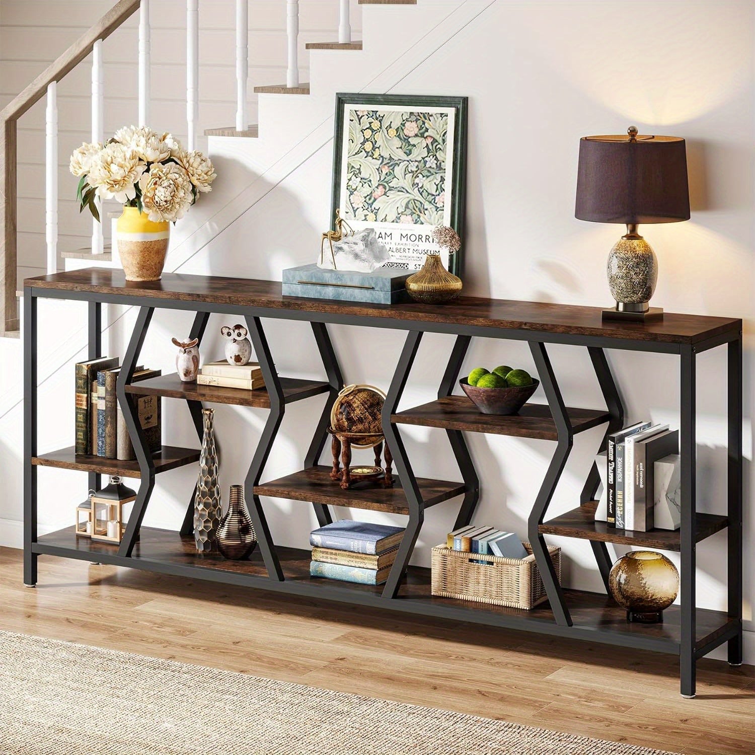 4 Tier Industrial Extra Long Narrow Entryway Accent Tables for Hallway, Living Room, Foyer, 180 cm Sofa Console Table with Wood Storage Shelves