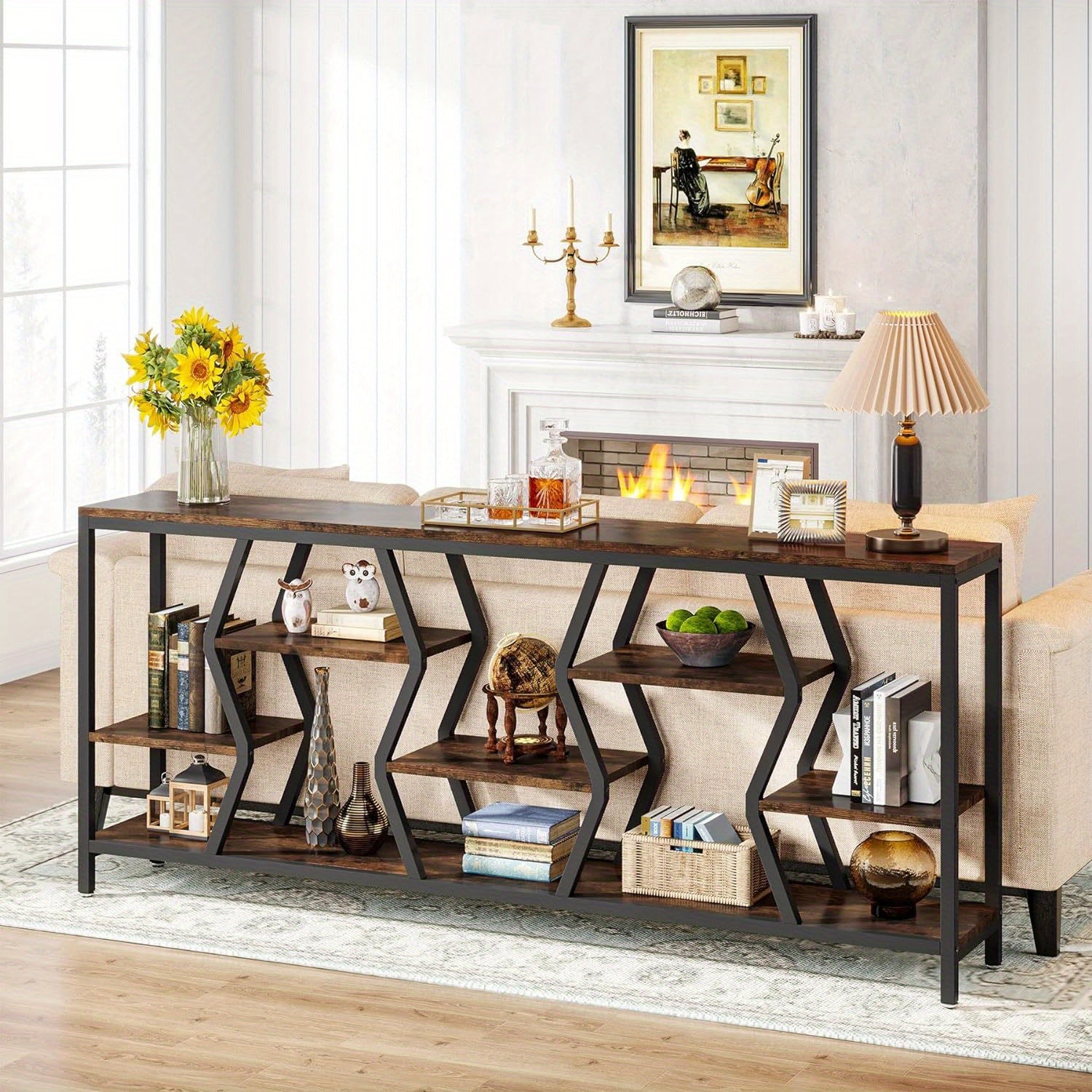 4 Tier Industrial Extra Long Narrow Entryway Accent Tables for Hallway, Living Room, Foyer, 180 cm Sofa Console Table with Wood Storage Shelves