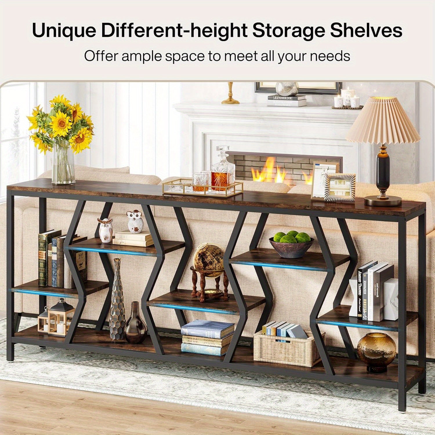 4 Tier Industrial Extra Long Narrow Entryway Accent Tables for Hallway, Living Room, Foyer, 180 cm Sofa Console Table with Wood Storage Shelves