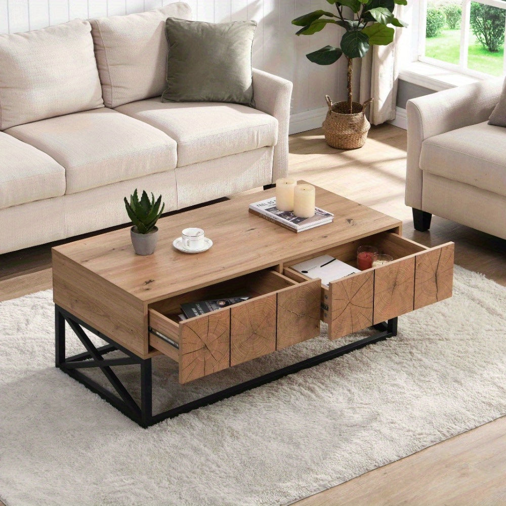 110cm Luxury Coffee Table with Two Drawers, Modern Industrial Style Coffee Table for Living Room, Bedroom and Office, Vintage Metal Frame Wooden Coffee Table-Natural