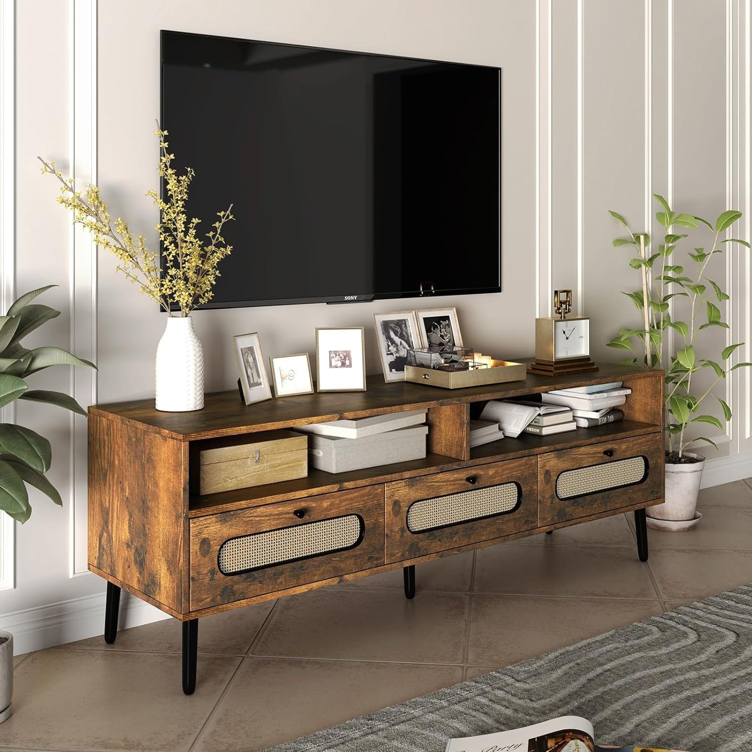 Boho TV Stand for TV up to 165cm, Entertainment Center with 3 Storage Drawers and Open Compartment, 55" Media Console with Rattan Decorative for Living Room