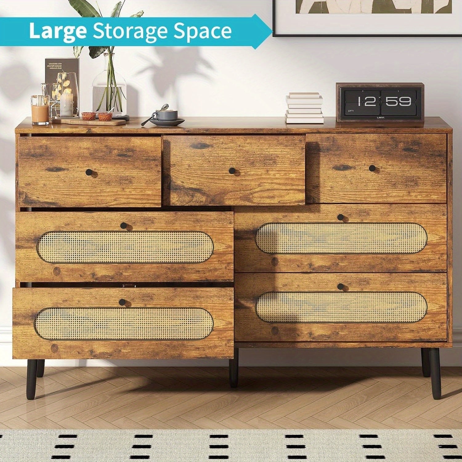 Dresser with 7 Drawers, Chest of Dressers for Bedroom, Chest Storage Organizer Units, Modern Wooden Dresser Chest with Rattan Decoration for Hallway, Entryway, Living Room