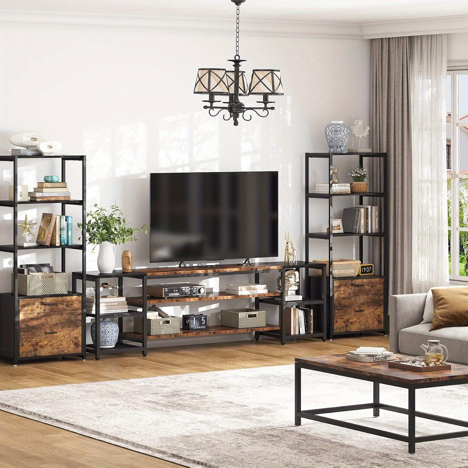 198cm Industrial Entertainment Center - Suitable for TVs up to 85 Inch, Includes 3-Tier Storage Shelves, Perfect as TV Console Table for Living Room and Entertainment Room