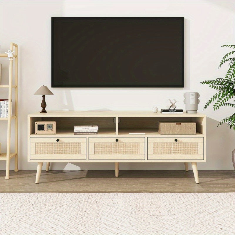 Rattan TV Stand with Solid Wood Feet TV Console Table for Living Room Natural