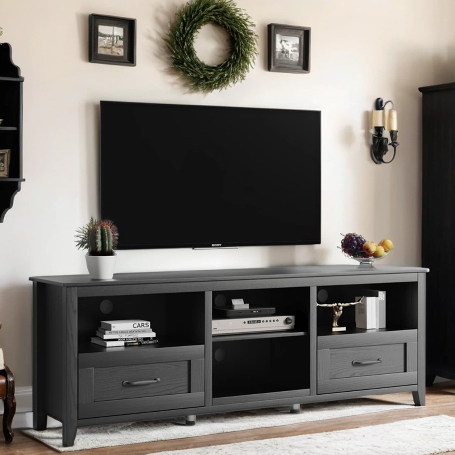 TV Stand for TVs up to 80", Large Television Stands with Drawers for Living Room, Farmhouse Entertainment Center with Storage and Shelves, TV Console Cabinet Furniture for Bedroom (Black)