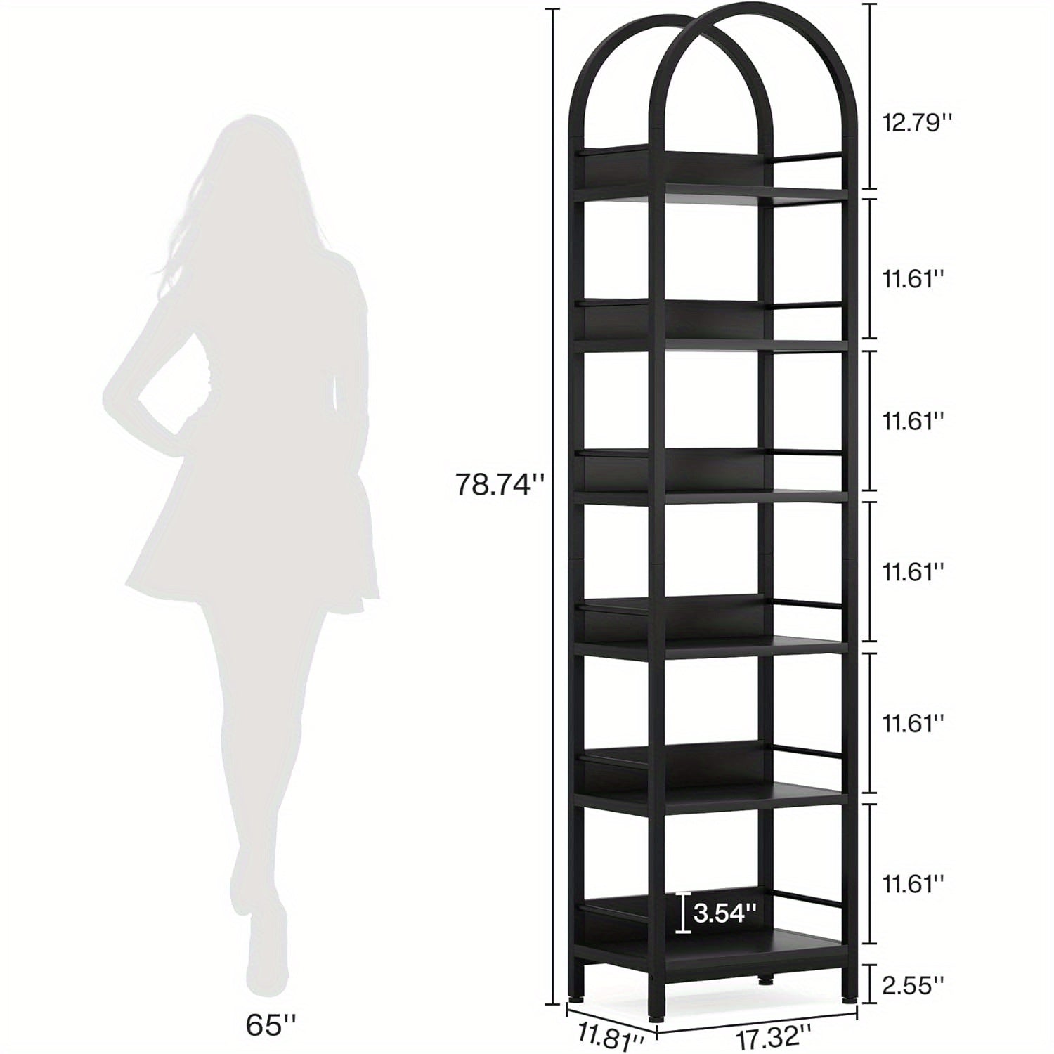 200cm Tall Industrial Wood 6-Tier Bookshelf, Arched Narrow Ladder Shelf Storage Organizer, Display Shelf With Metal Frame For Bedroom, Living Room, Black Magazine & Newspaper Baskets