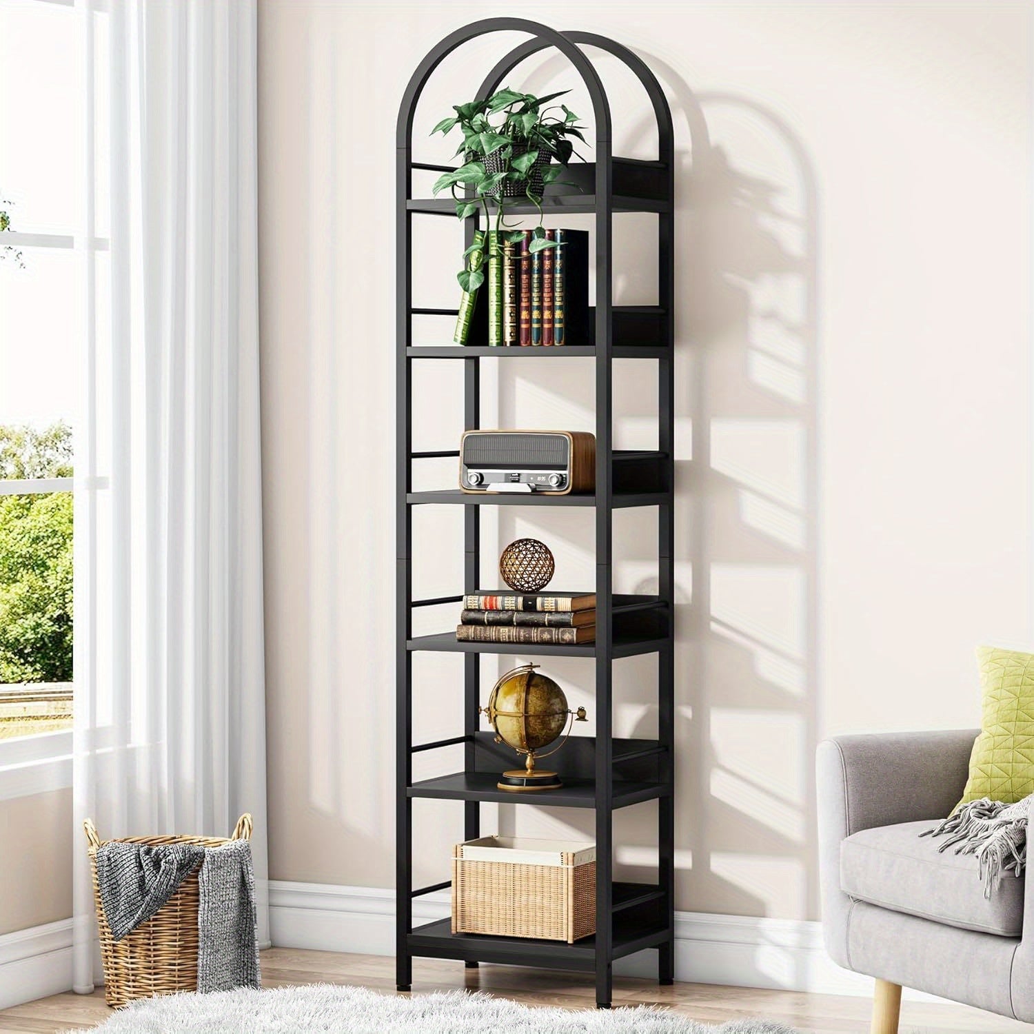 200cm Tall Industrial Wood 6-Tier Bookshelf, Arched Narrow Ladder Shelf Storage Organizer, Display Shelf With Metal Frame For Bedroom, Living Room, Black Magazine & Newspaper Baskets