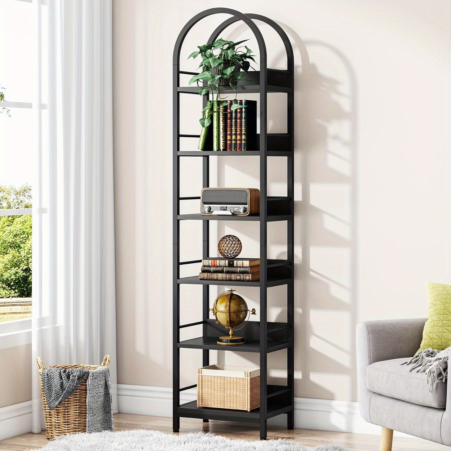 200cm Tall Industrial Wood 6-Tier Bookshelf, Arched Narrow Ladder Shelf Storage Organizer, Display Shelf With Metal Frame For Bedroom, Living Room, Black Magazine & Newspaper Baskets