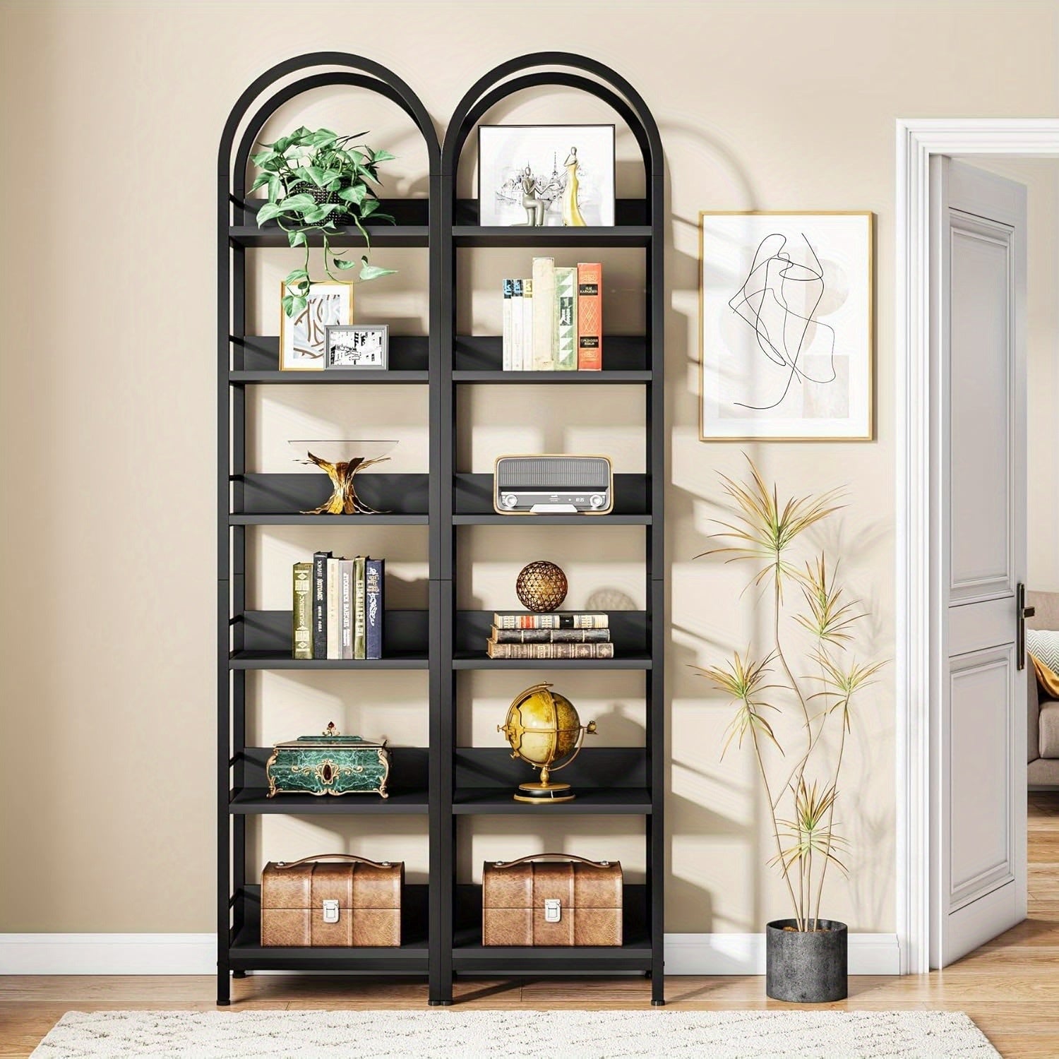 200cm Tall Industrial Wood 6-Tier Bookshelf, Arched Narrow Ladder Shelf Storage Organizer, Display Shelf With Metal Frame For Bedroom, Living Room, Black Magazine & Newspaper Baskets