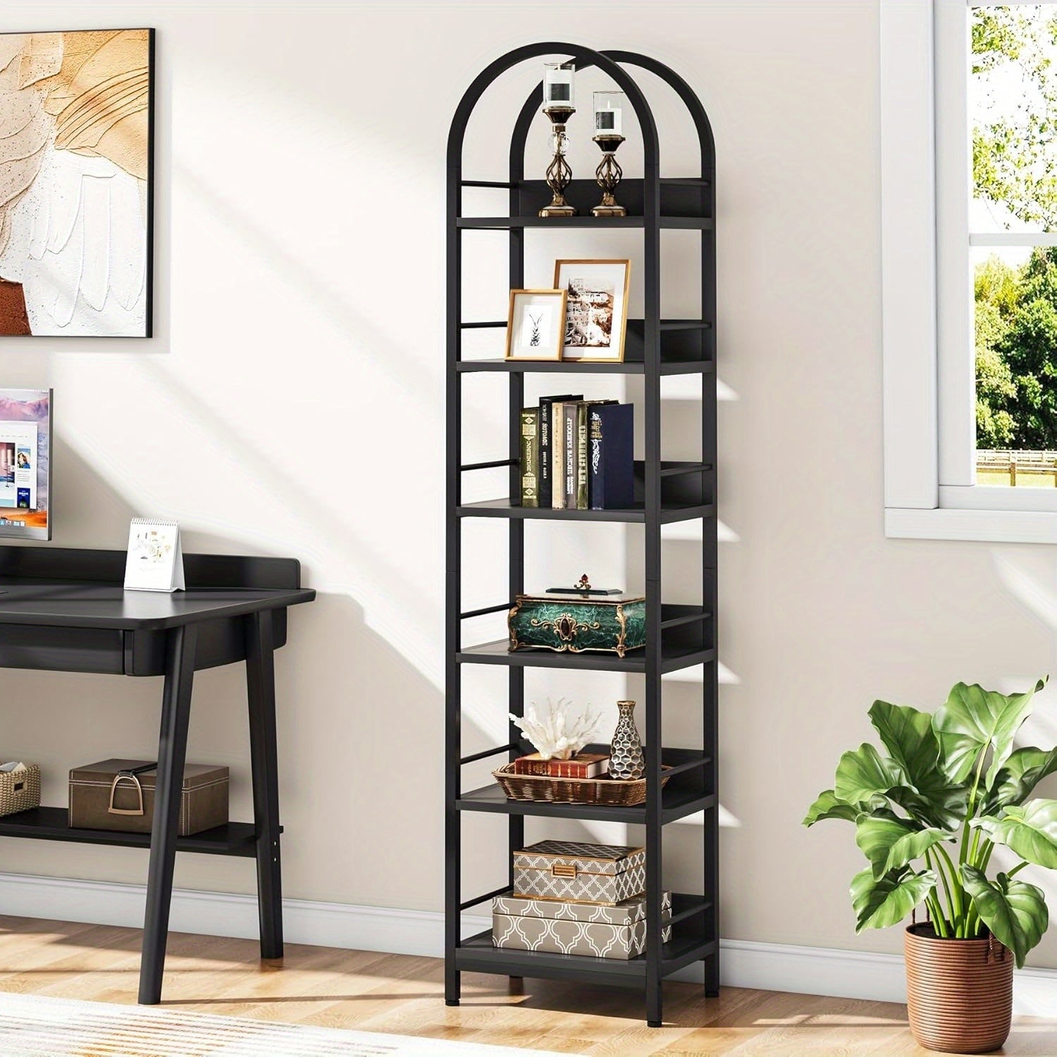 200cm Tall Industrial Wood 6-Tier Bookshelf, Arched Narrow Ladder Shelf Storage Organizer, Display Shelf With Metal Frame For Bedroom, Living Room, Black Magazine & Newspaper Baskets