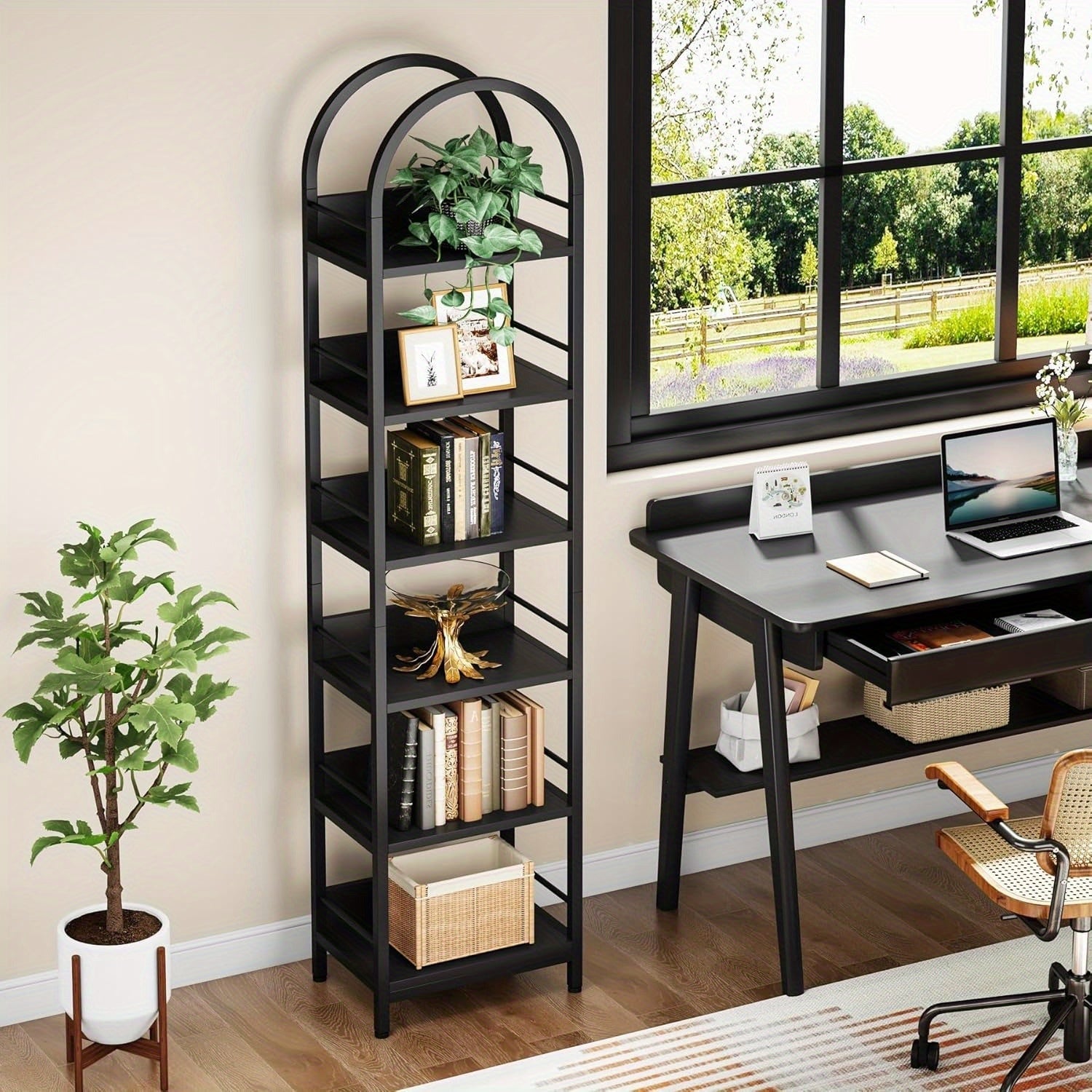 200cm Tall Industrial Wood 6-Tier Bookshelf, Arched Narrow Ladder Shelf Storage Organizer, Display Shelf With Metal Frame For Bedroom, Living Room, Black Magazine & Newspaper Baskets