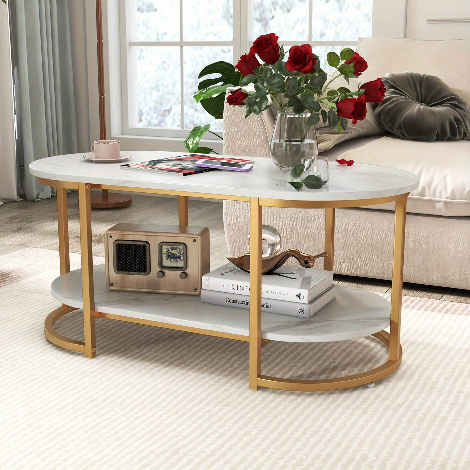 White Marble Coffee Table Modern 2-Tier Center Table with Open Storage Shelf