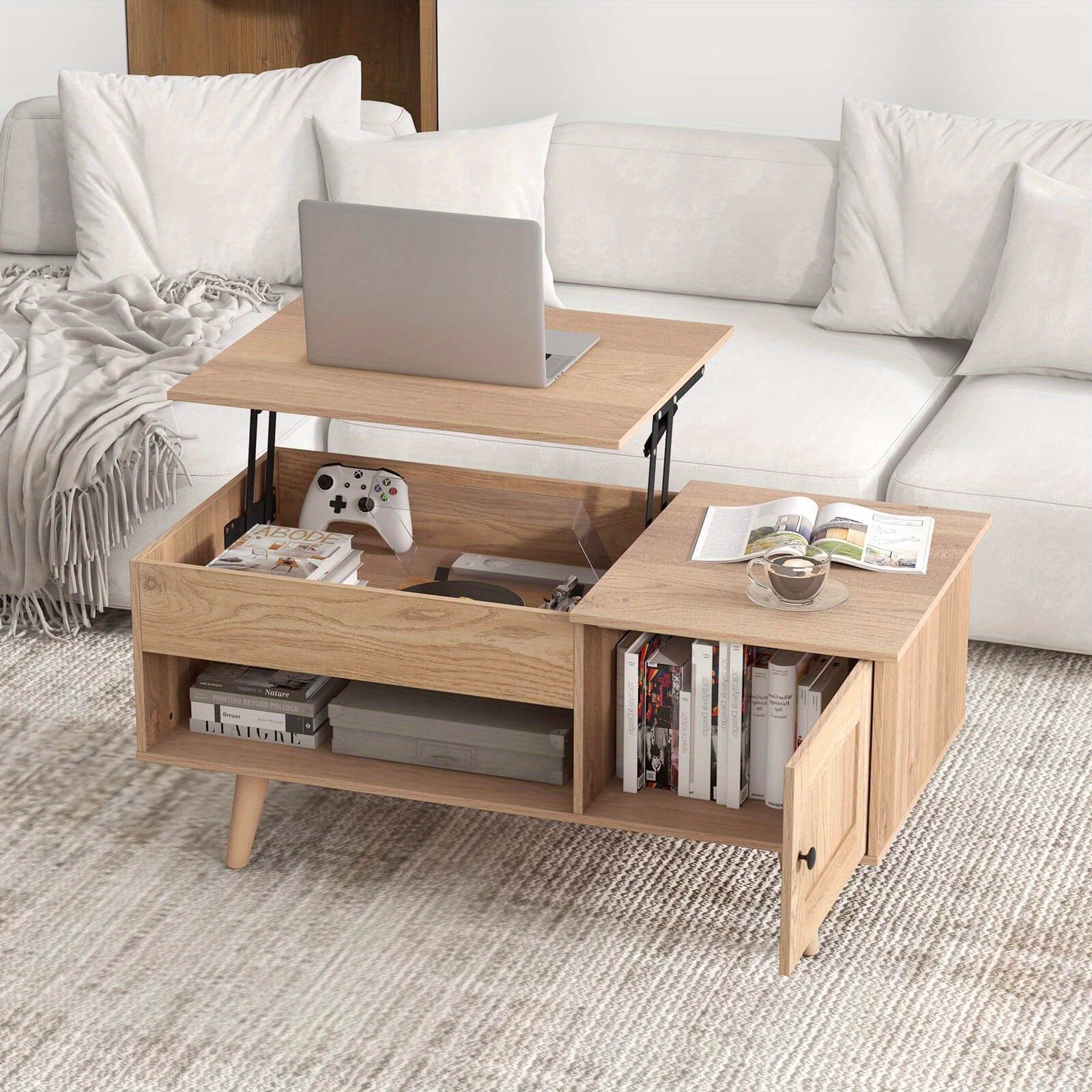 Lift Top Coffee Table with Storage Hidden Compartment Cabinet & Open Shelf