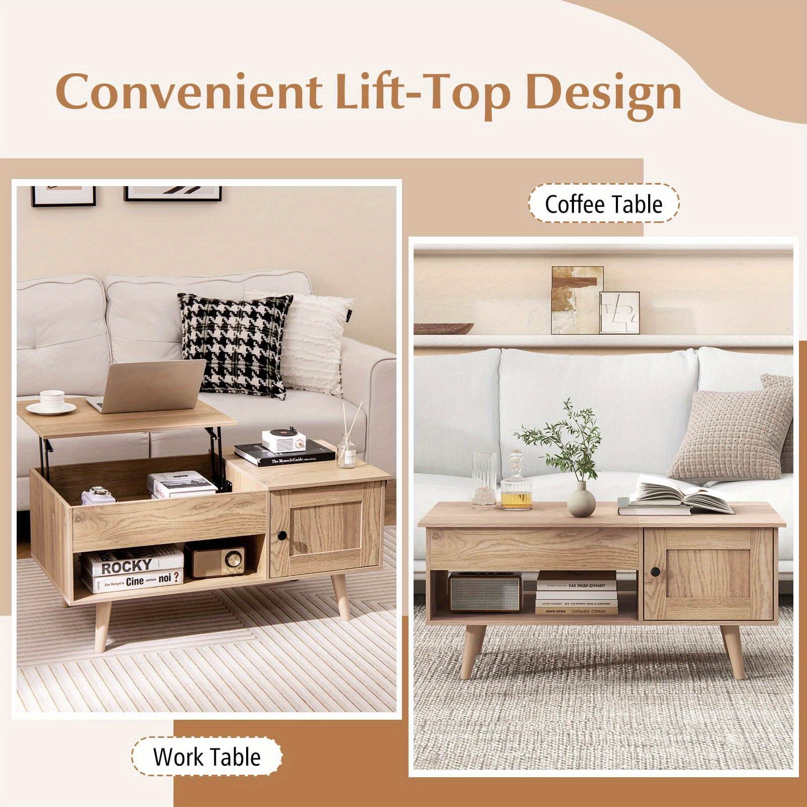 Lift Top Coffee Table with Storage Hidden Compartment Cabinet & Open Shelf