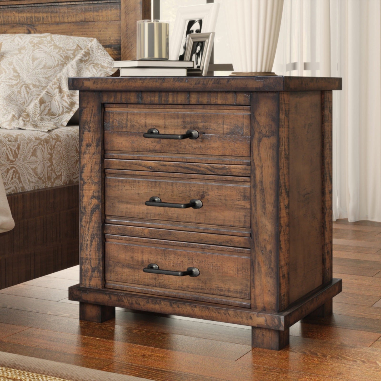 Rustic Three Drawer Reclaimed Solid Wood Framhouse Nightstand