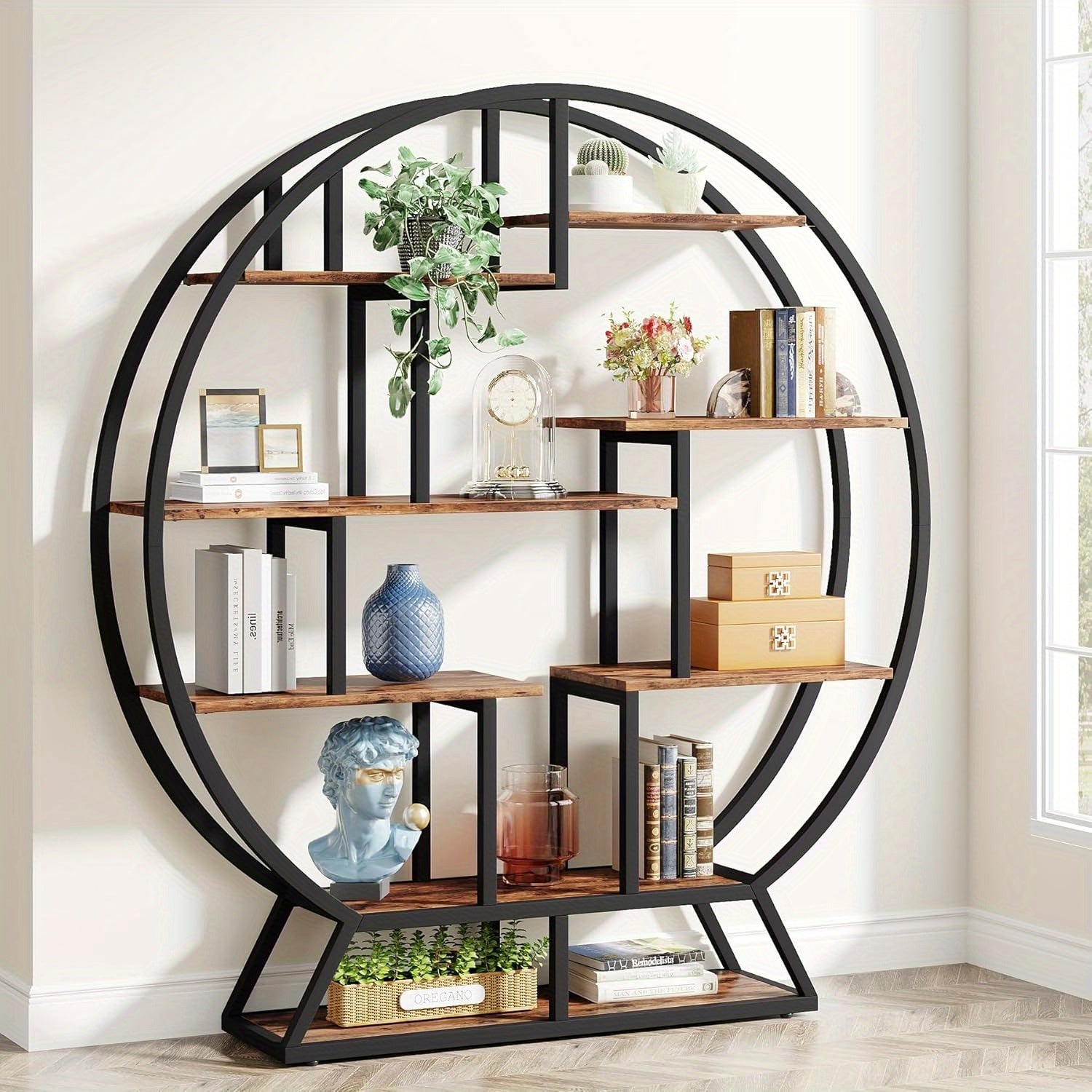 Round Bookshelf, 160cm Industrial Wood Shelf with Staggered Shelves, Rustic Open Shelving Organizer Rack Display Shelf for Home Office, Living Room