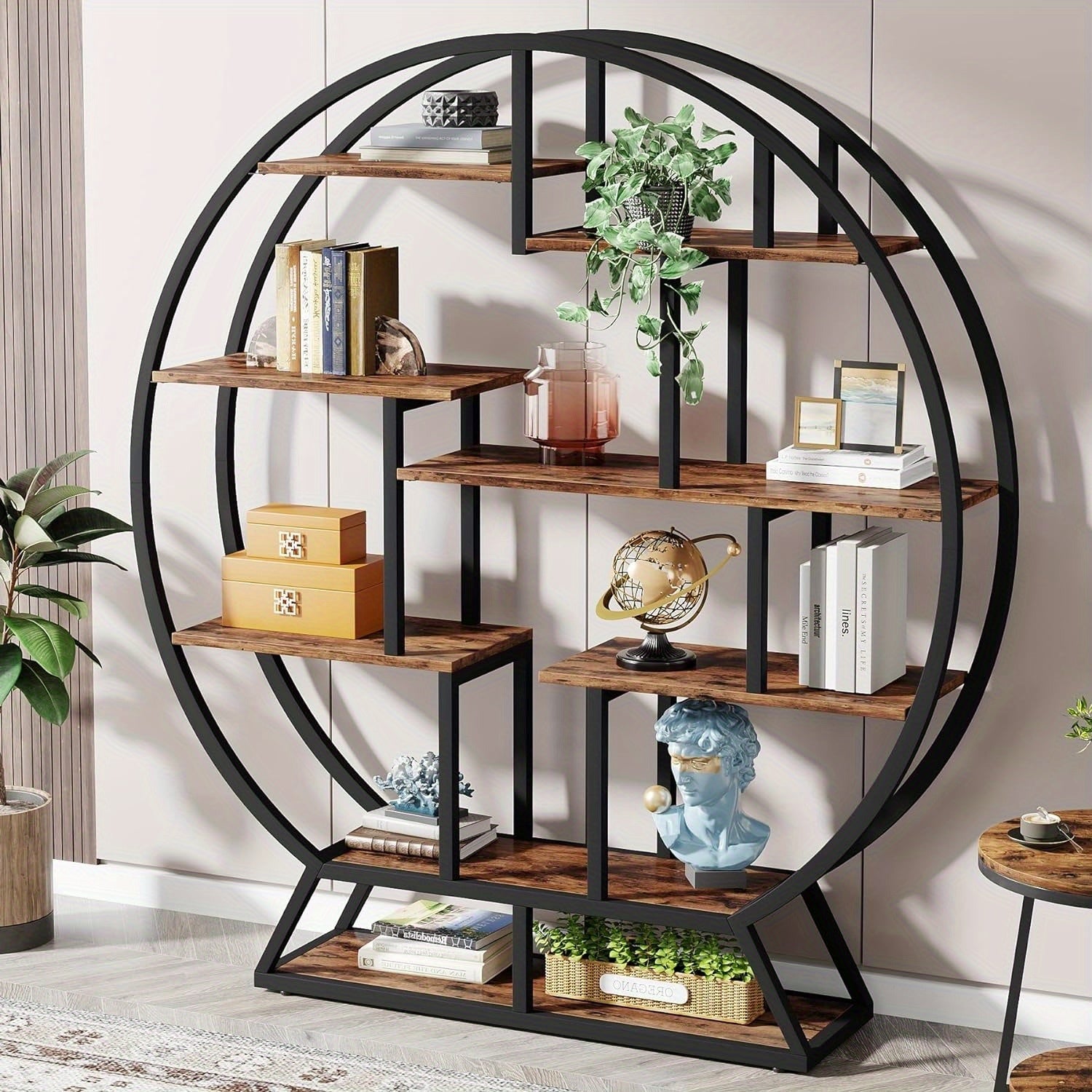 Round Bookshelf, 160cm Industrial Wood Shelf with Staggered Shelves, Rustic Open Shelving Organizer Rack Display Shelf for Home Office, Living Room