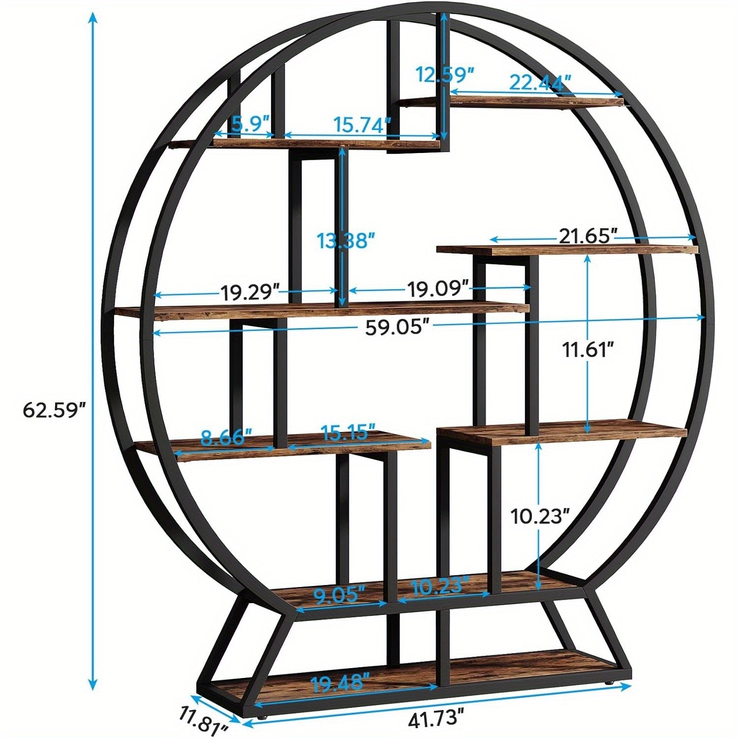 Round Bookshelf, 160cm Industrial Wood Shelf with Staggered Shelves, Rustic Open Shelving Organizer Rack Display Shelf for Home Office, Living Room