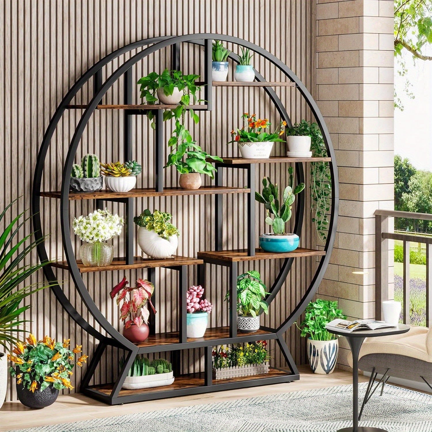 Round Bookshelf, 160cm Industrial Wood Shelf with Staggered Shelves, Rustic Open Shelving Organizer Rack Display Shelf for Home Office, Living Room