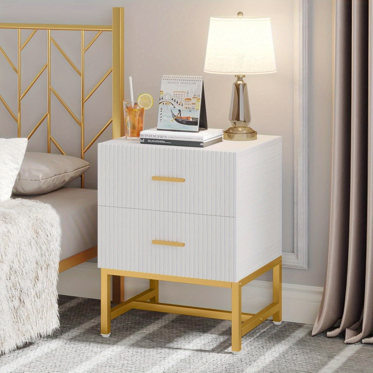 2-Drawer Nightstand, Modern Fluted Night Stands Bed Side Table with Storage, Wood End Table Accent Table for Living Room, Small Spaces,