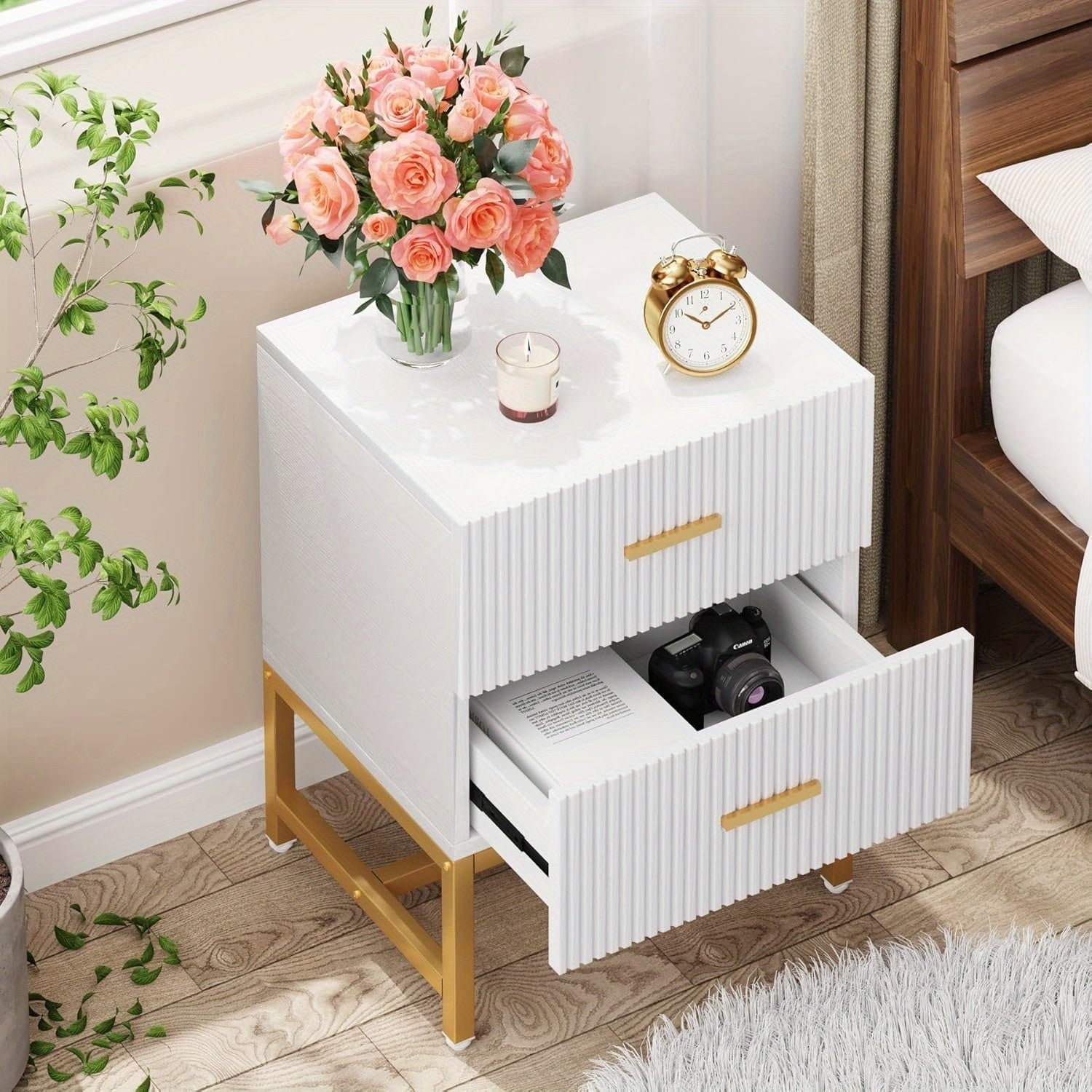 2-Drawer Nightstand, Modern Fluted Night Stands Bed Side Table with Storage, Wood End Table Accent Table for Living Room, Small Spaces,