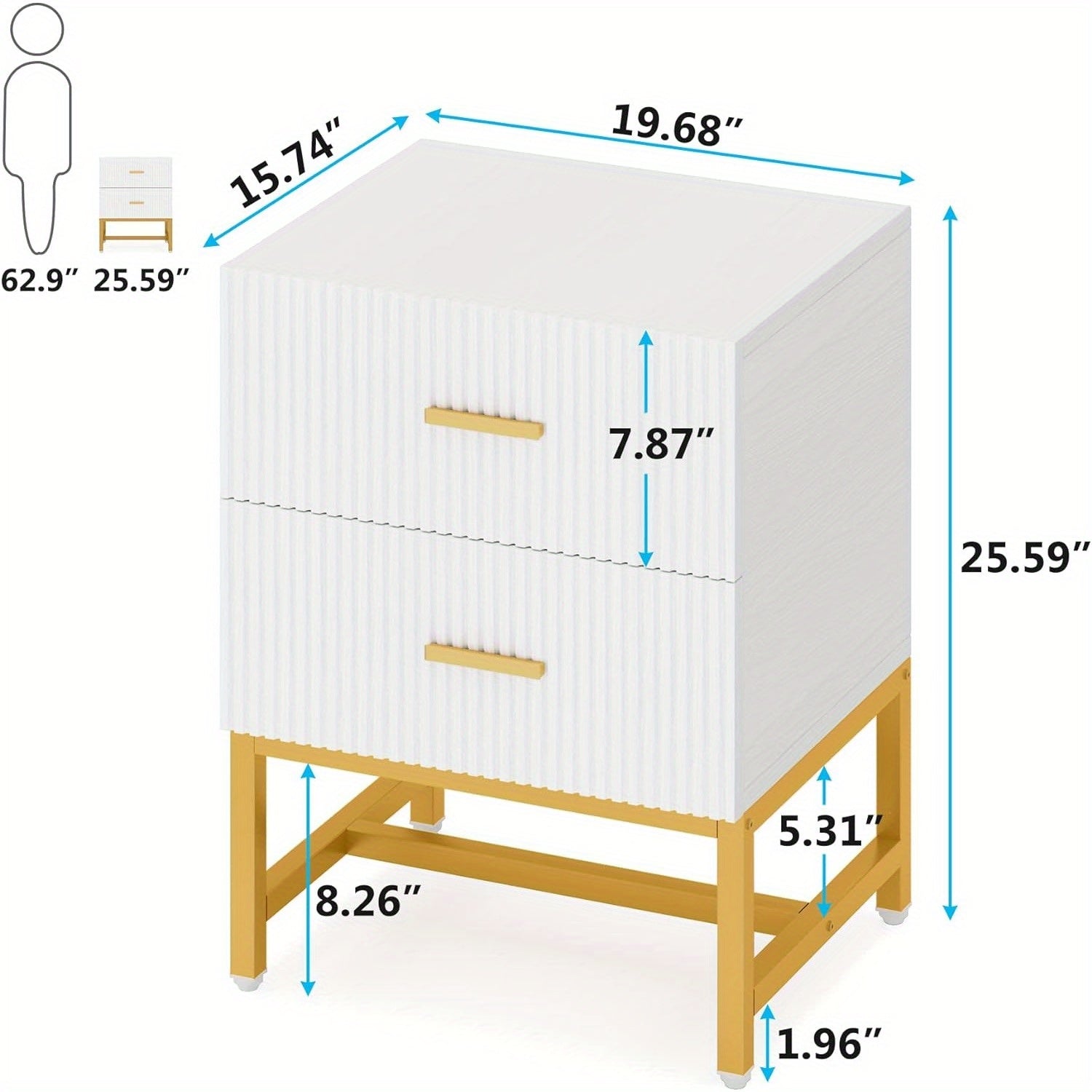 2-Drawer Nightstand, Modern Fluted Night Stands Bed Side Table with Storage, Wood End Table Accent Table for Living Room, Small Spaces,