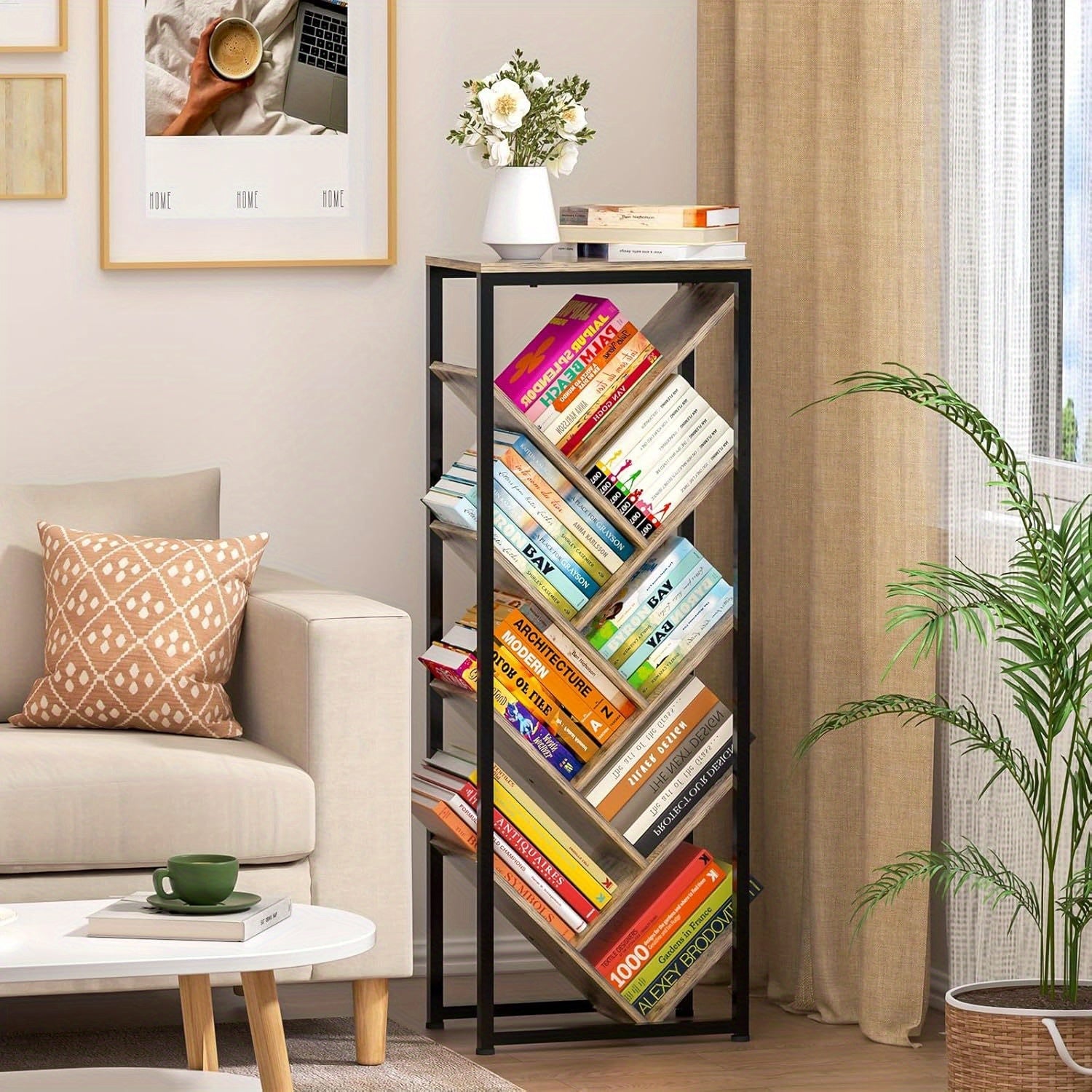 Tree Bookshelf - 9 Tier Floor Standing Tree Bookshelf for CDs/Movies/Books, Small Bookshelf for Small Spaces Bookshelves Wooden Book Storage Organizer Shelves for Bedroom Living Room Smaller