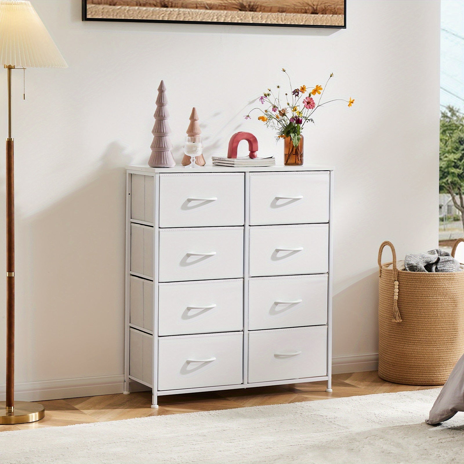 Tall White Dresser With Fabric Drawers: Lightweight Bedroom Furniture, Chest Organizer Units For Clothing And Closet, Storage Tower With Cabinet, Metal Frame, And Wooden Top For Nursery