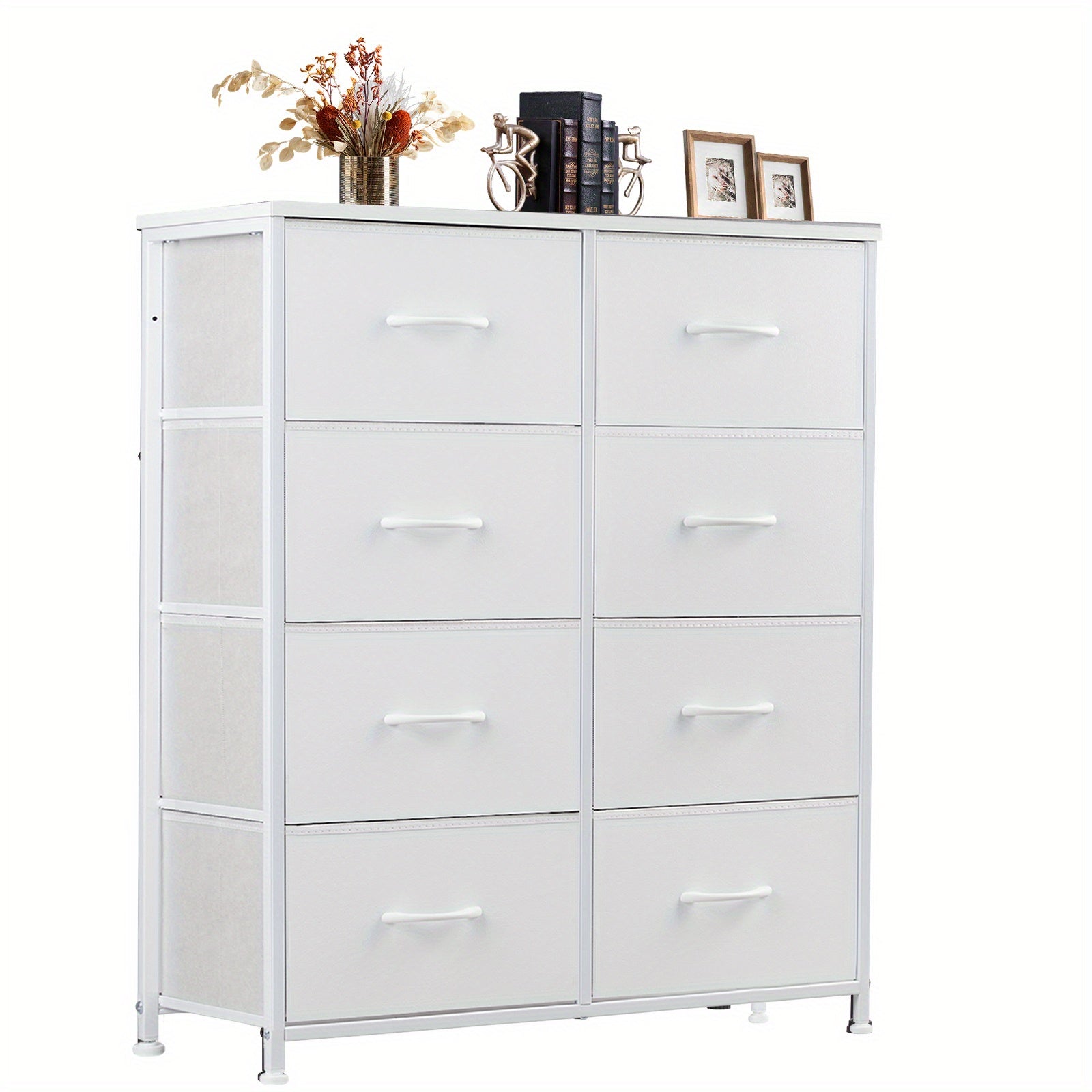 Tall White Dresser With Fabric Drawers: Lightweight Bedroom Furniture, Chest Organizer Units For Clothing And Closet, Storage Tower With Cabinet, Metal Frame, And Wooden Top For Nursery