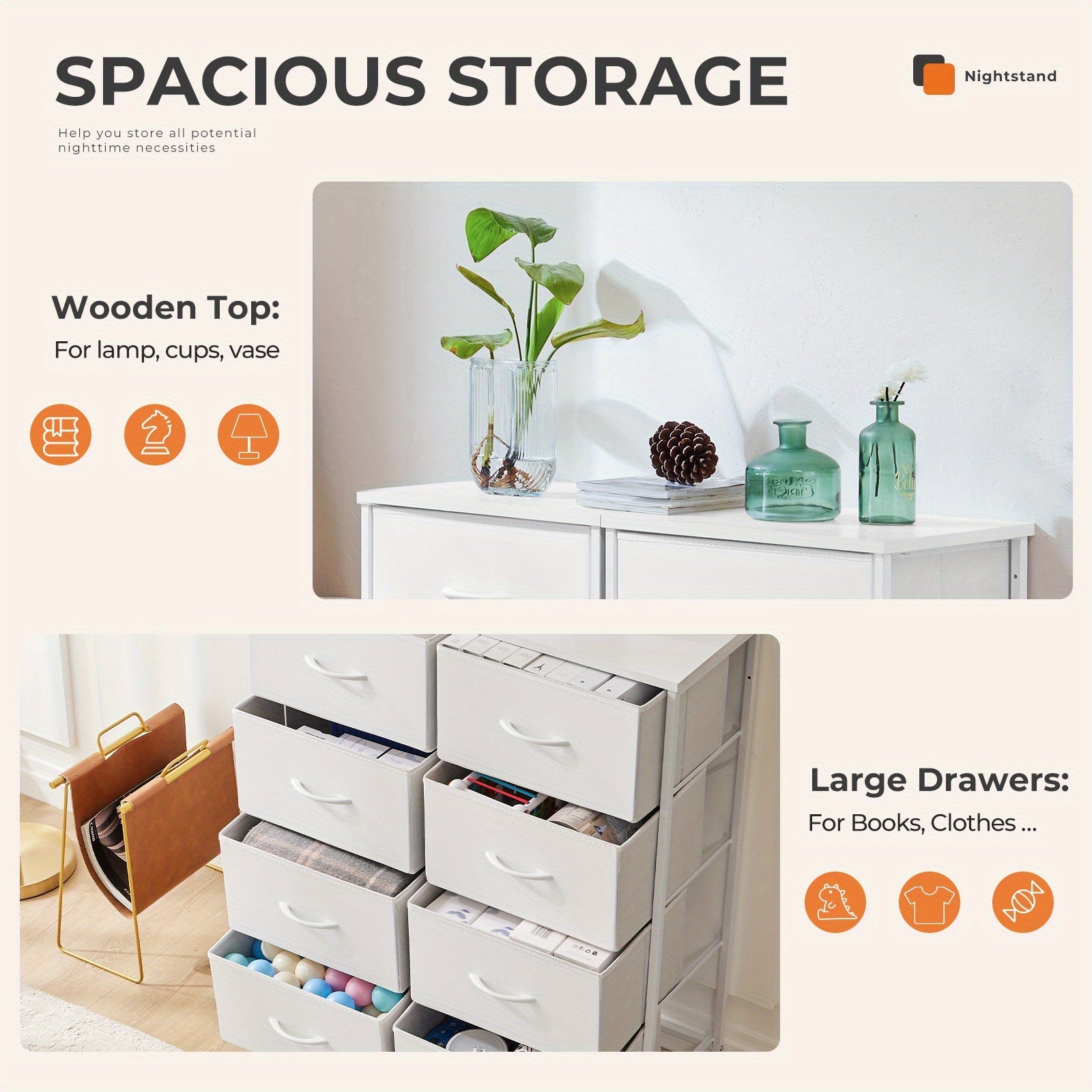 Tall White Dresser With Fabric Drawers: Lightweight Bedroom Furniture, Chest Organizer Units For Clothing And Closet, Storage Tower With Cabinet, Metal Frame, And Wooden Top For Nursery