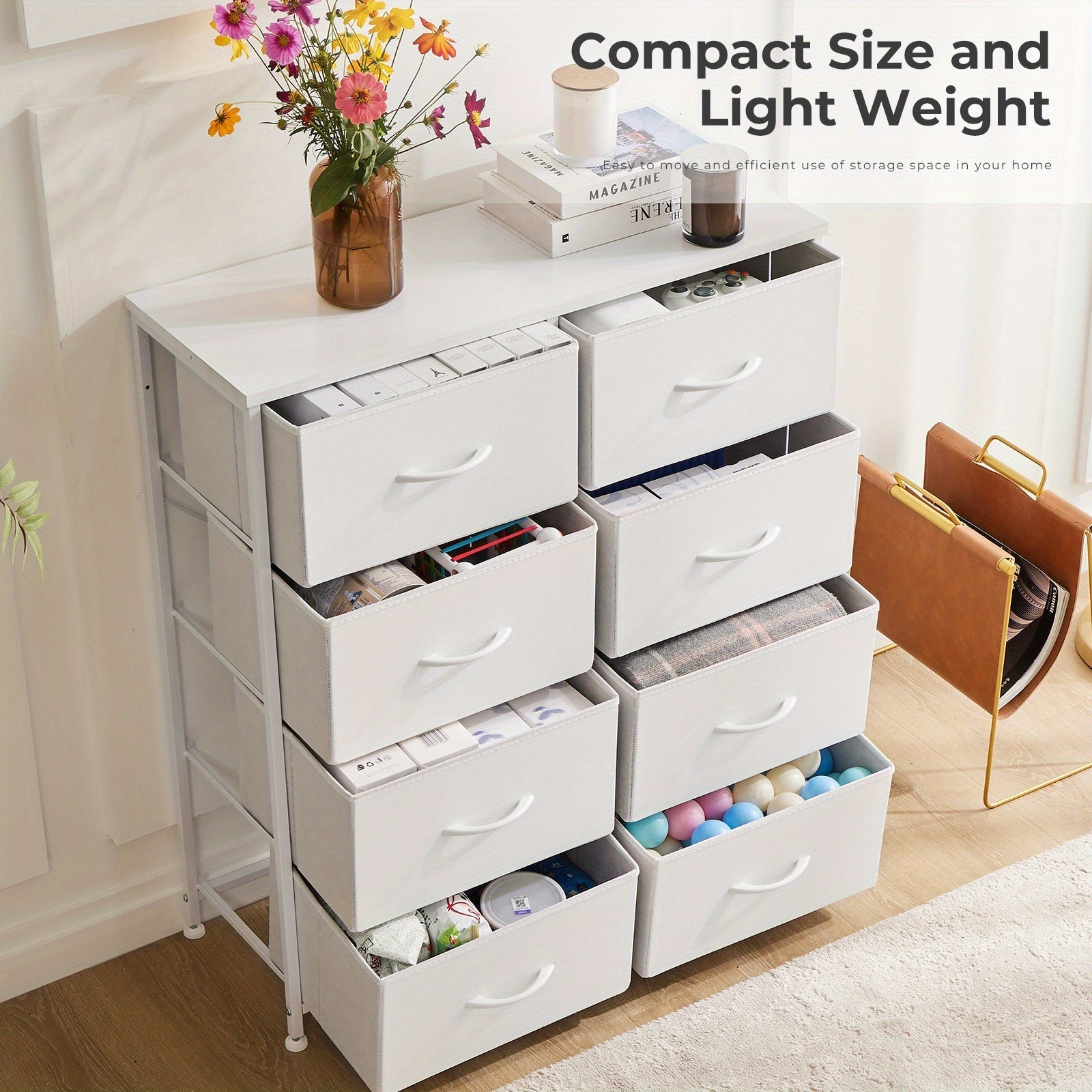 Tall White Dresser With Fabric Drawers: Lightweight Bedroom Furniture, Chest Organizer Units For Clothing And Closet, Storage Tower With Cabinet, Metal Frame, And Wooden Top For Nursery