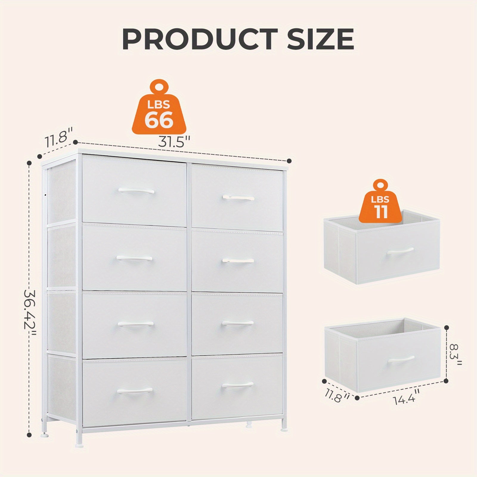 Tall White Dresser With Fabric Drawers: Lightweight Bedroom Furniture, Chest Organizer Units For Clothing And Closet, Storage Tower With Cabinet, Metal Frame, And Wooden Top For Nursery