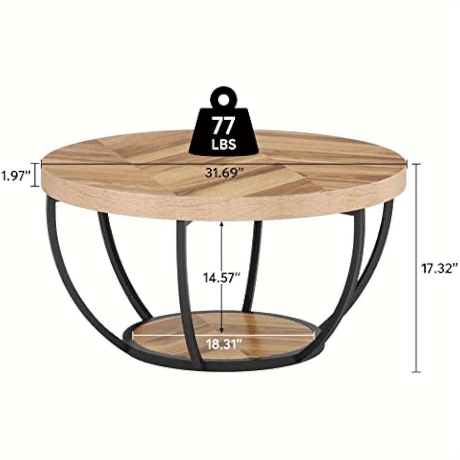 Modern 2-Tier Center Table, Round Coffee Table with Storage Open Shelves, Wooden Circle Coffee Table Sofa Side Table with Metal Legs for Living Room