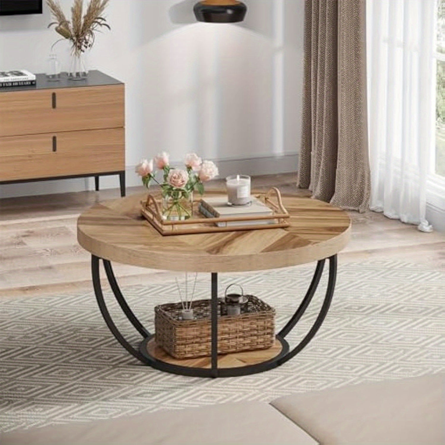 Modern 2-Tier Center Table, Round Coffee Table with Storage Open Shelves, Wooden Circle Coffee Table Sofa Side Table with Metal Legs for Living Room