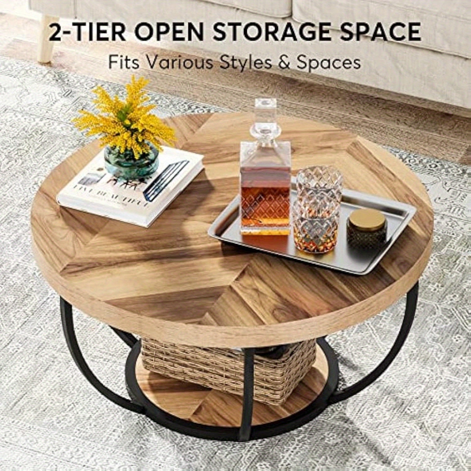 Modern 2-Tier Center Table, Round Coffee Table with Storage Open Shelves, Wooden Circle Coffee Table Sofa Side Table with Metal Legs for Living Room