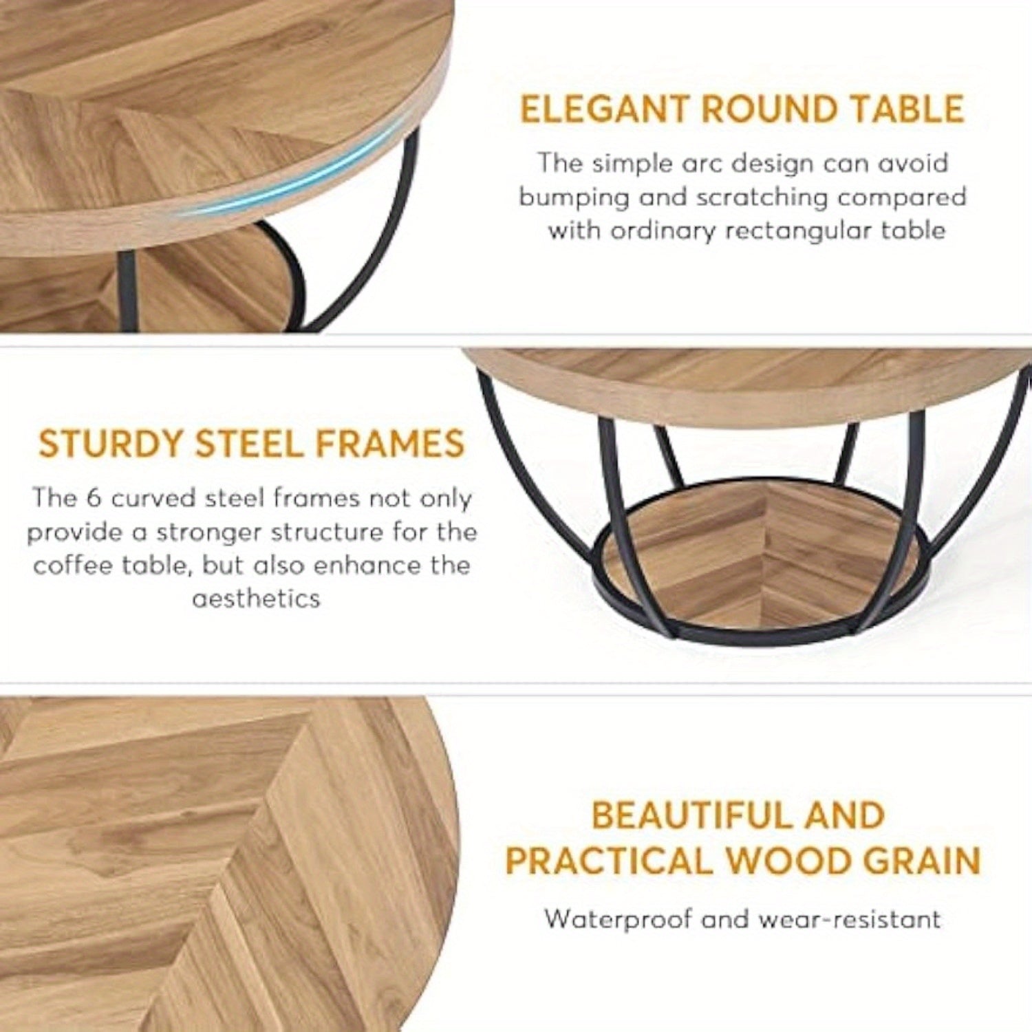 Modern 2-Tier Center Table, Round Coffee Table with Storage Open Shelves, Wooden Circle Coffee Table Sofa Side Table with Metal Legs for Living Room