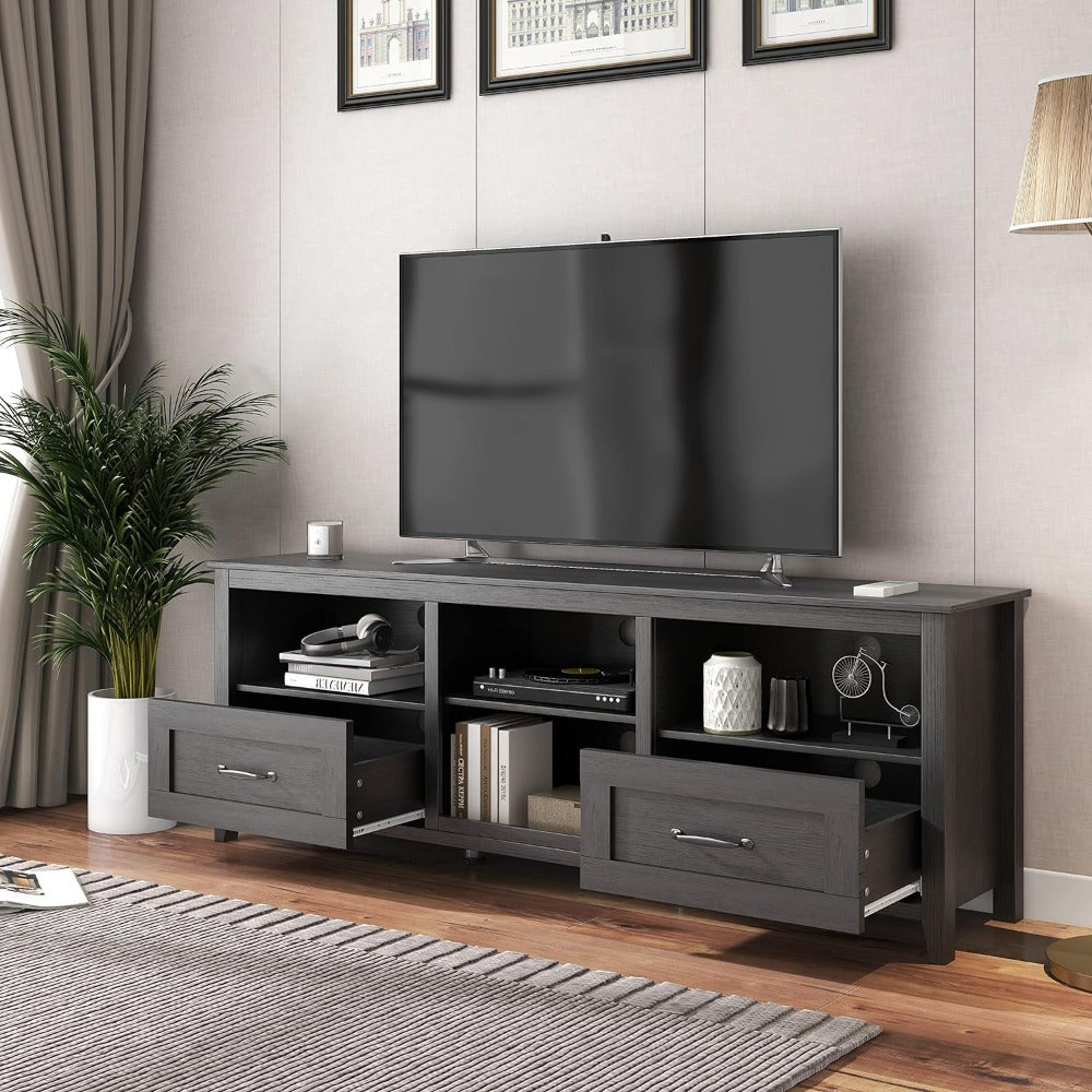 TV Stand for TVs up to 203cm Modern Entertainment Center with Double Drawers, Farmhouse TV Storage Cabinet Console Table with Adjustable Shelves for Living Room, Bedroom (70 Inch, Black)