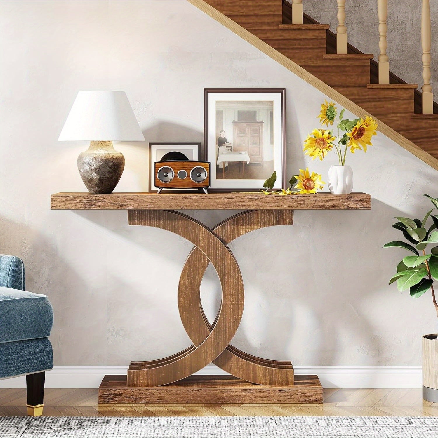 Farmhouse Console Tables for Entryway, Modern 99-cm Entryway Table with Geometric Base, Wooden & Metal Hallway Table/Narrow Sofa Table/Accent Table for Entrance, Living Room, Bedroom, Standing Shelf