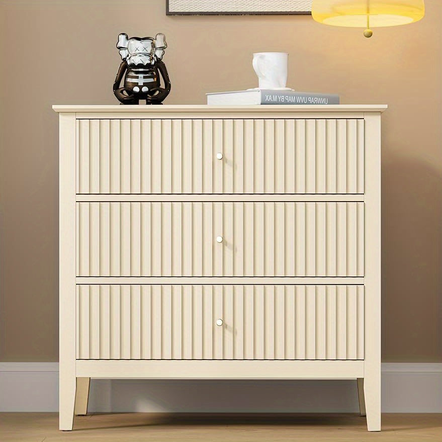 Fluted 3 Drawer Dresser, Wide Chest of Drawers with Ball Bearing Slide Modern Nightstand Cabinet Wood Dresser with Spacious Storage for Bedroom, Hallway, Living Room, Entryway, White