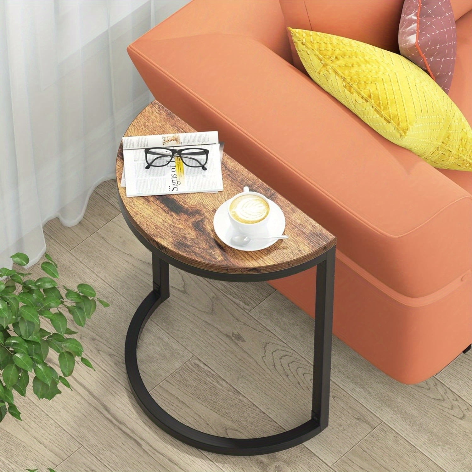 End Table Semi Circle, A Small Half Round Side Table Featuring A Metal Frame And Wood Accent. This Slim C Table Is Perfect For Sofa Couch Placement In The Living Room. Its Design Ensures Easy Assembly