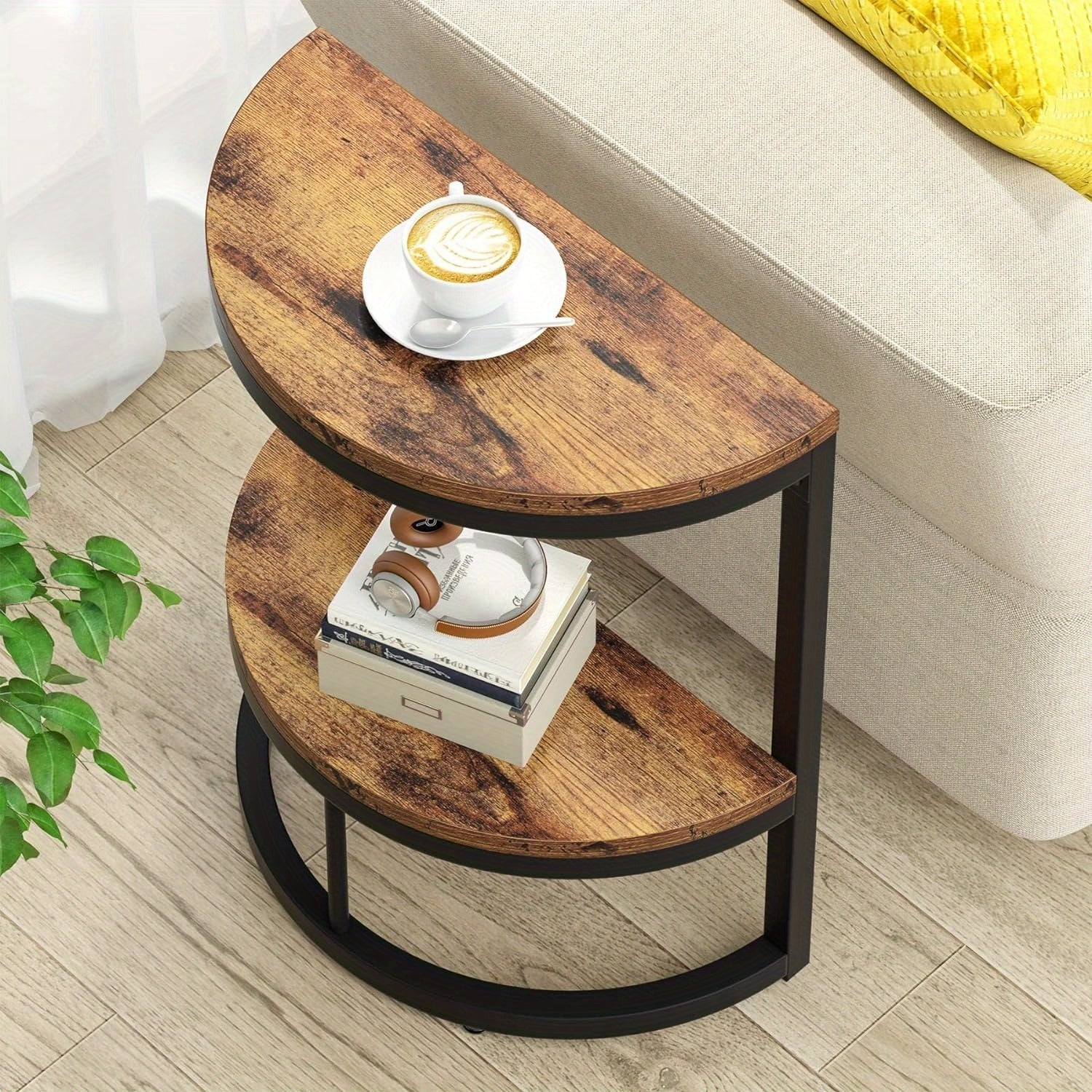 End Table Semi Circle, A Small Half Round Side Table Featuring A Metal Frame And Wood Accent. This Slim C Table Is Perfect For Sofa Couch Placement In The Living Room. Its Design Ensures Easy Assembly