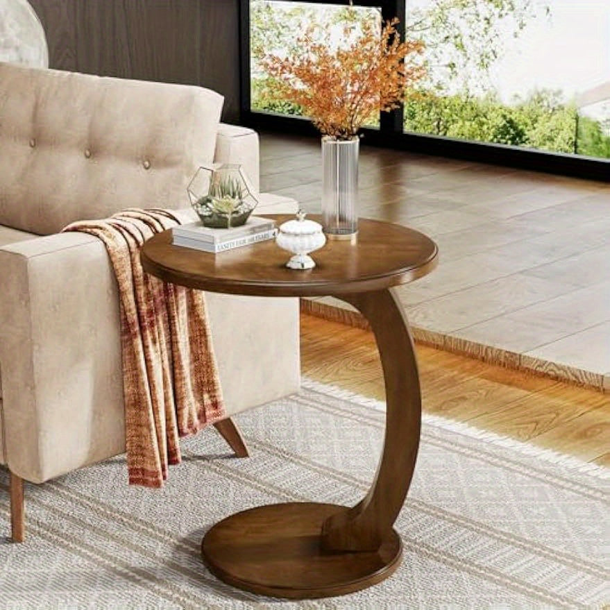 Sturdy Round End Table Made of Solid Wood, C-Shaped and Mid-Century Design, Perfect for Your Living Room