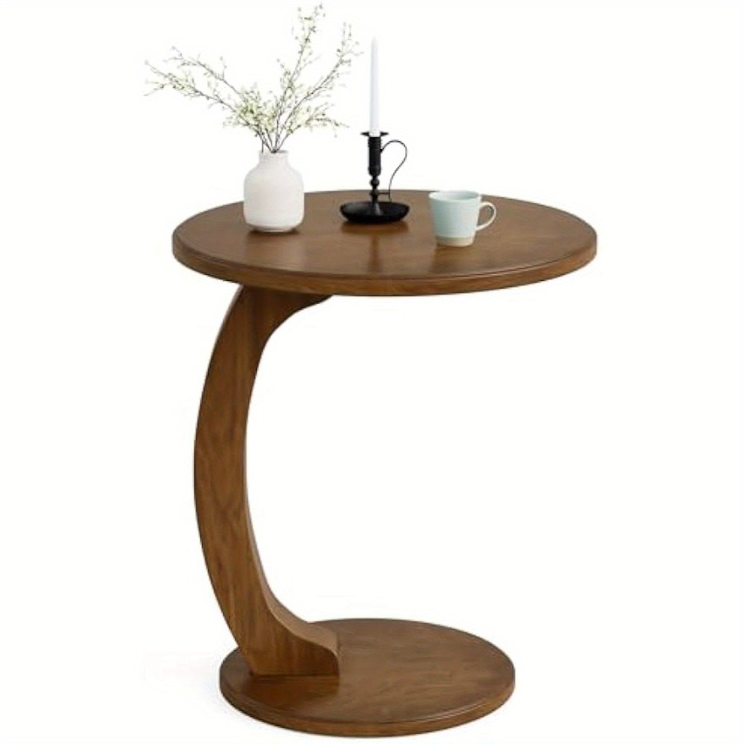 Sturdy Round End Table Made of Solid Wood, C-Shaped and Mid-Century Design, Perfect for Your Living Room