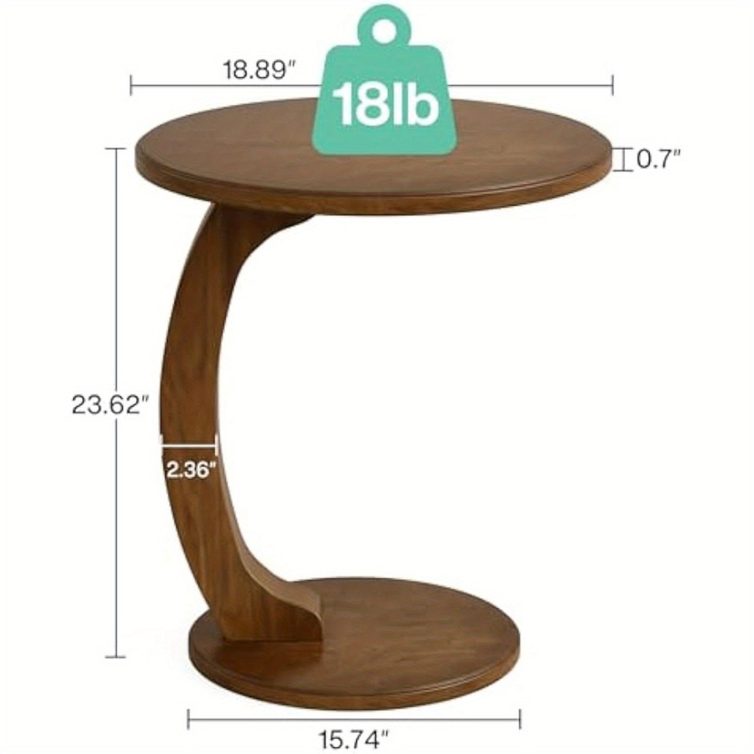 Sturdy Round End Table Made of Solid Wood, C-Shaped and Mid-Century Design, Perfect for Your Living Room