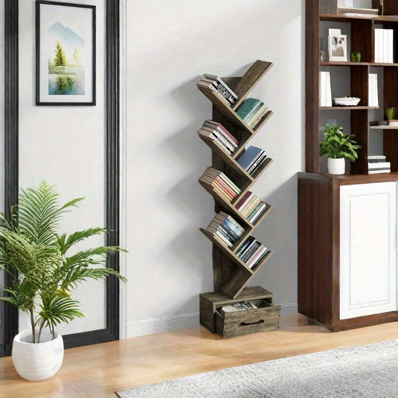 Bookshelf with Wooden Drawer, 7, 9 Shelf Tree Bookshelf, Modern Book Storage, Free Standing Tree Bookcase, Utility Organizer Shelves for Home Office, Living Room, Bedroom