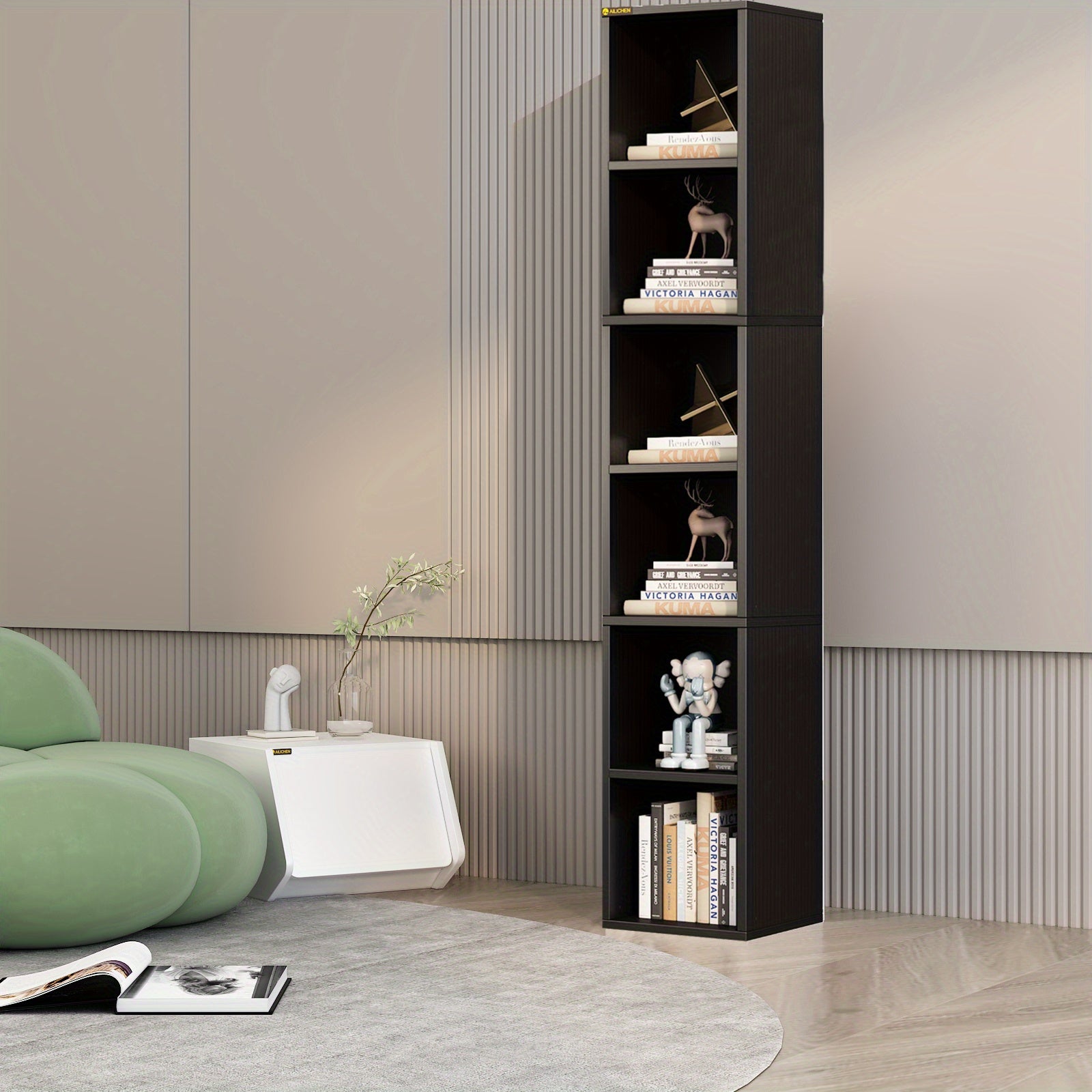 174cm Tall Narrow Bookshelf, Modern Wooden Corner Bookcase for Stylish Storage, 6 Cubes Storage Organizer Display Shelving for Bedroom, Library, Living Room, Home, Office