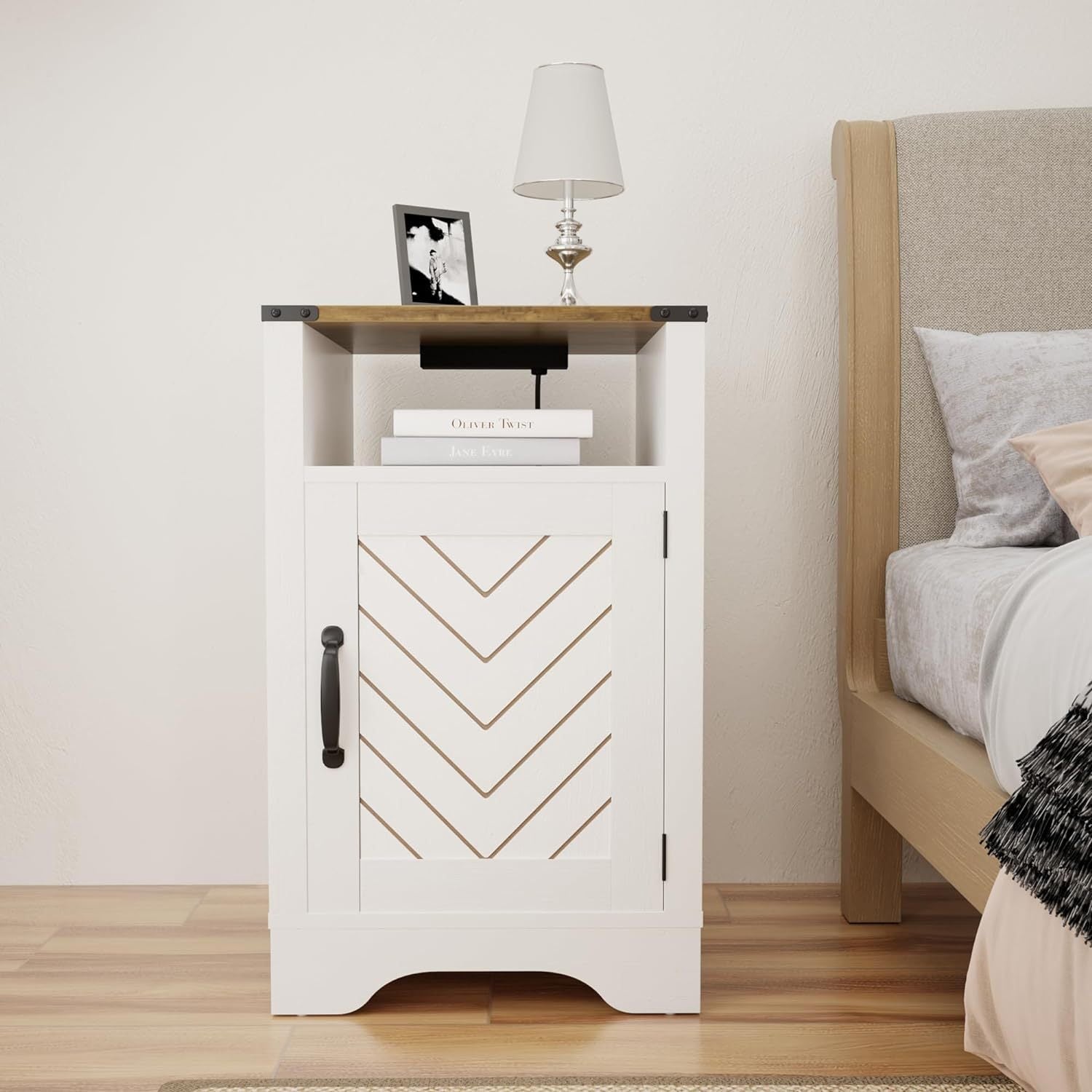 Farmhouse Nightstand with Charging Station, Tall Bedside Table with Large Storage Room and Shelf, Wooden Rustic End Table for Bedroom, Living Room