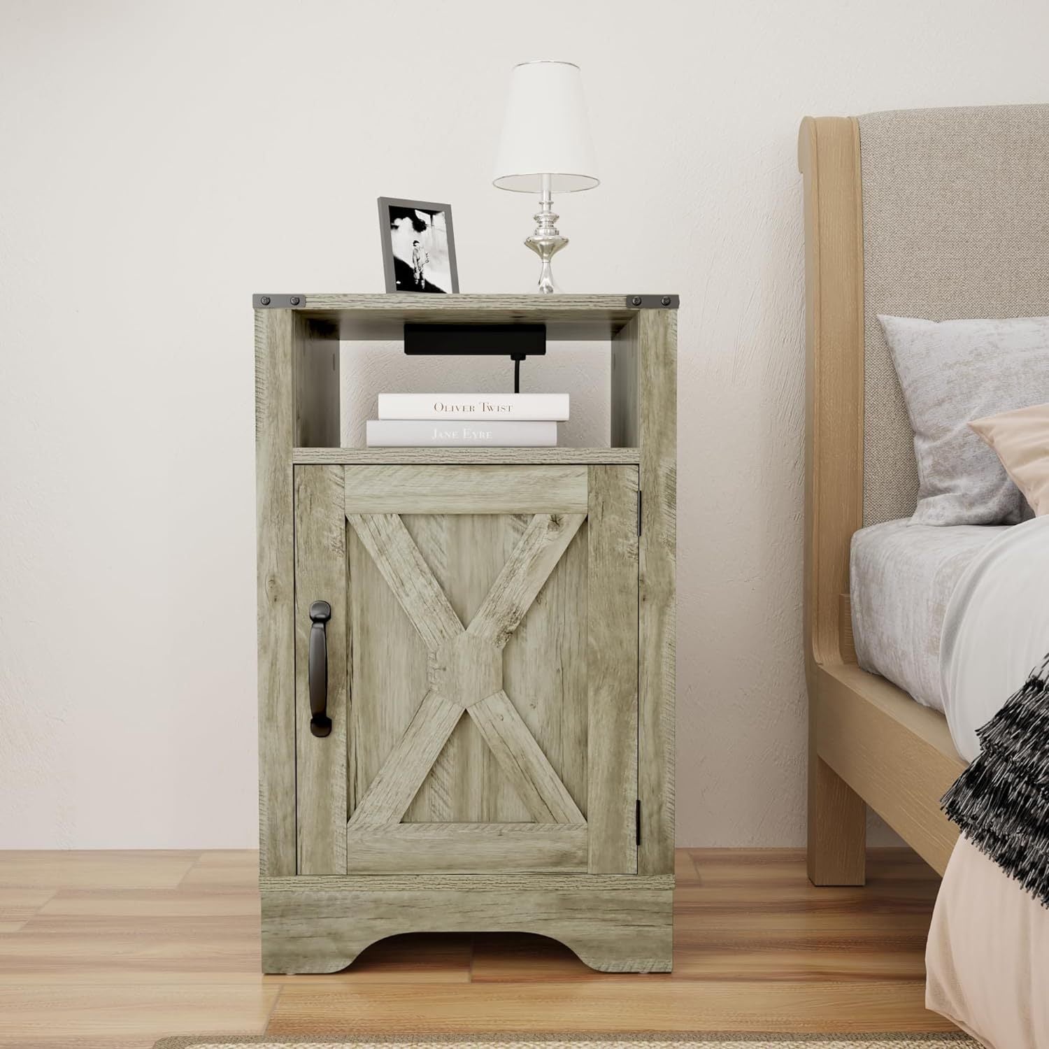 Farmhouse Nightstand with Charging Station, Tall Bedside Table with Large Storage Room and Shelf, Wooden Rustic End Table for Bedroom, Living Room