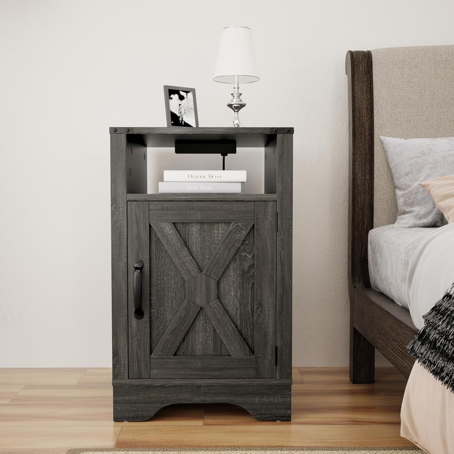 Farmhouse Nightstand with Charging Station, Tall Bedside Table with Large Storage Room and Shelf, Wooden Rustic End Table for Bedroom, Living Room